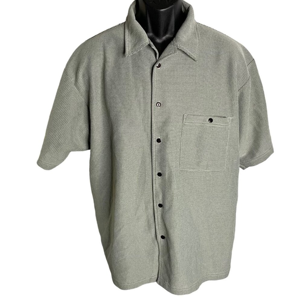Vintage 90s Adolfo Button Up Club Shirt L Grey Black Texture Short Sleeve Pocket